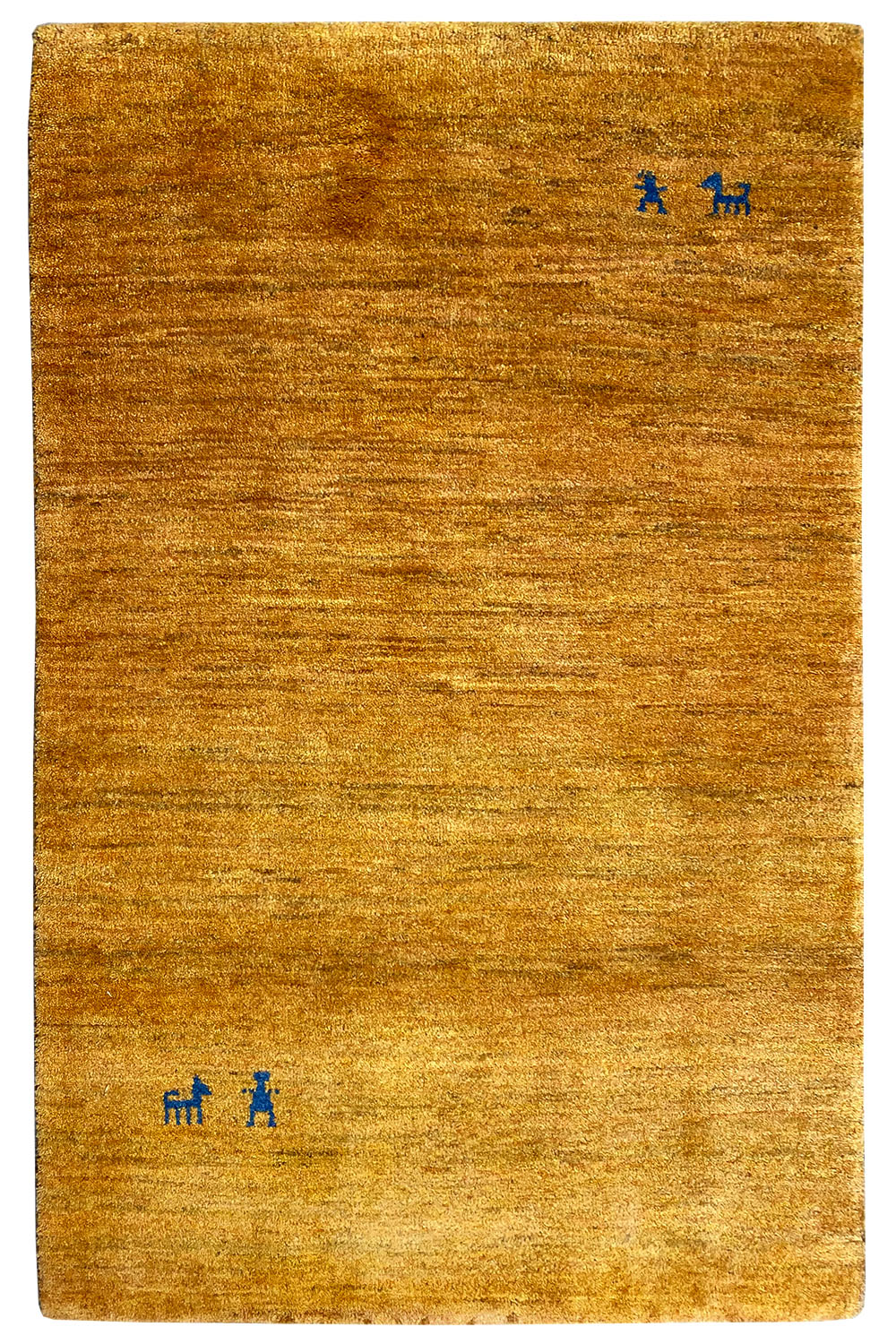 Rectangular gabbeh rug, golden brown with small blue motifs