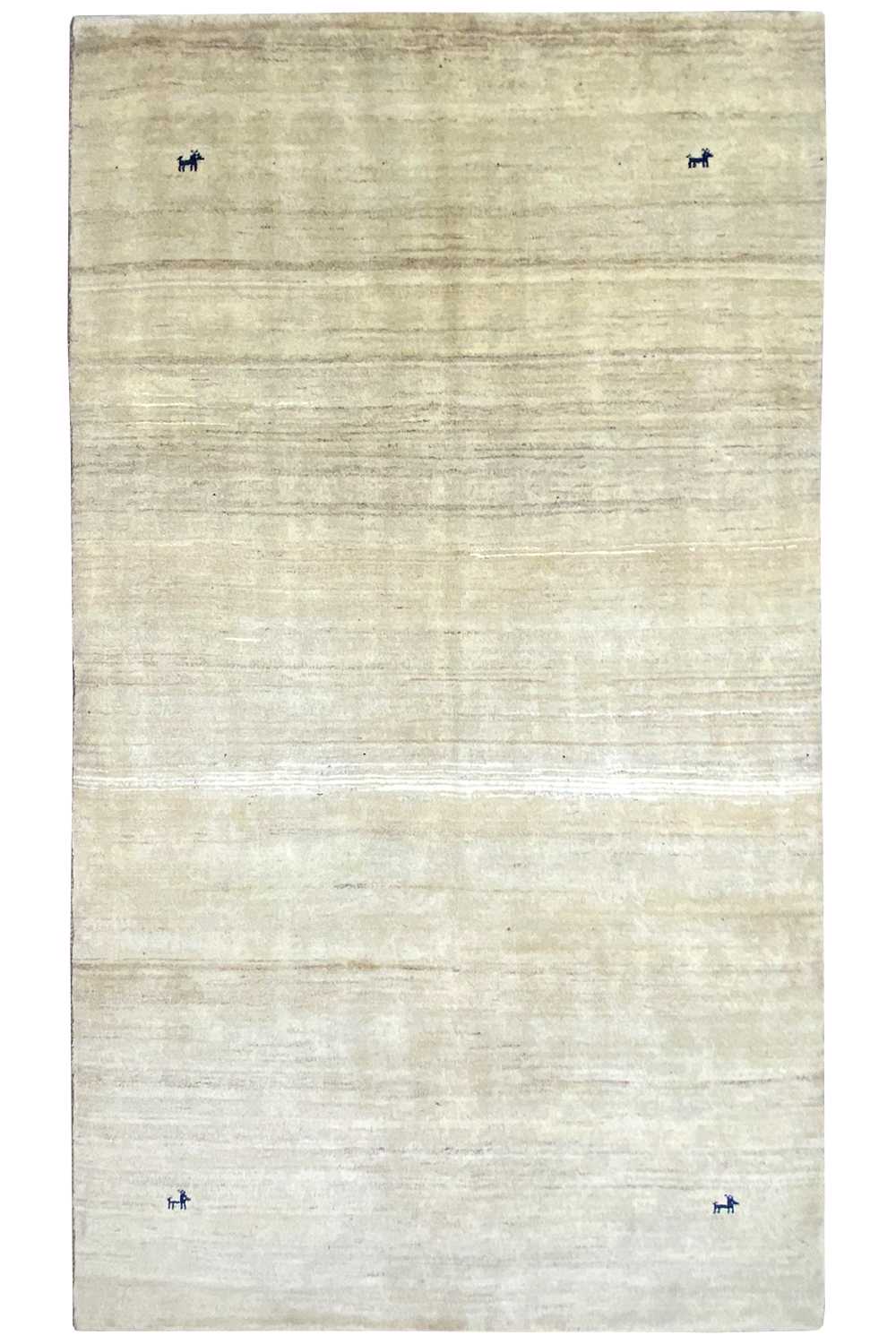 Cream-colored rug with simple lines; small blue markings at the corners