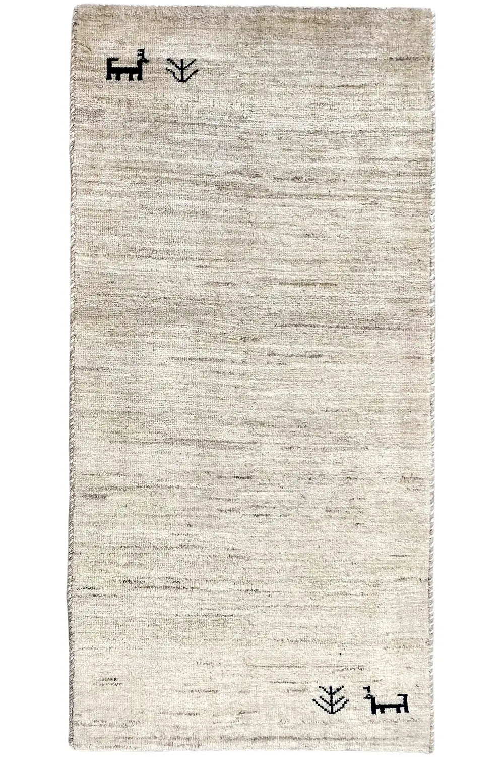 Gabbeh rug 135x65 cm, beige pile with dark corner ornamentation and a flat-woven design.