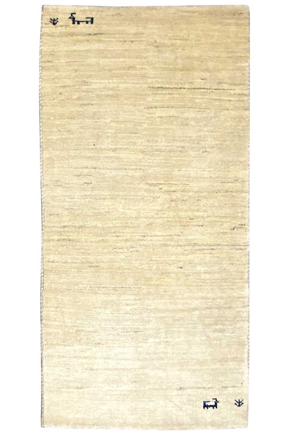 Rectangular Gabbeh rug in light beige, plain surface with small blue motifs