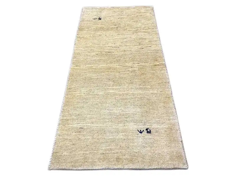 Gabbeh rug, beige, rectangular, fine woven texture, subtle blue markings