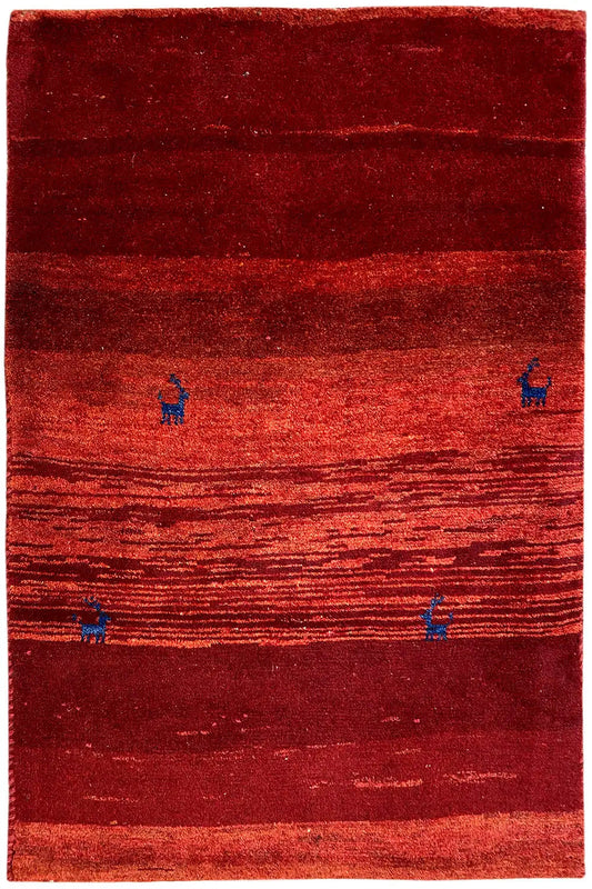 Gabbeh rug, reddish-brown pattern, horizontal stripes, blue motifs, rectangular