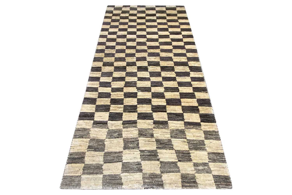 Gabbeh rug, rectangular, elongated diamond pattern in beige, gray, and black
