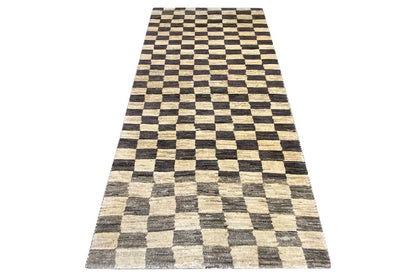 Gabbeh rug, rectangular, elongated diamond pattern in beige, gray, and black