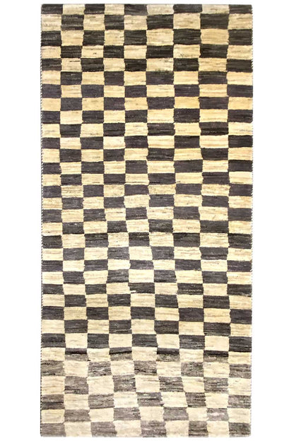 Gabbeh rug, rectangular, uniform checkered pattern in black and beige