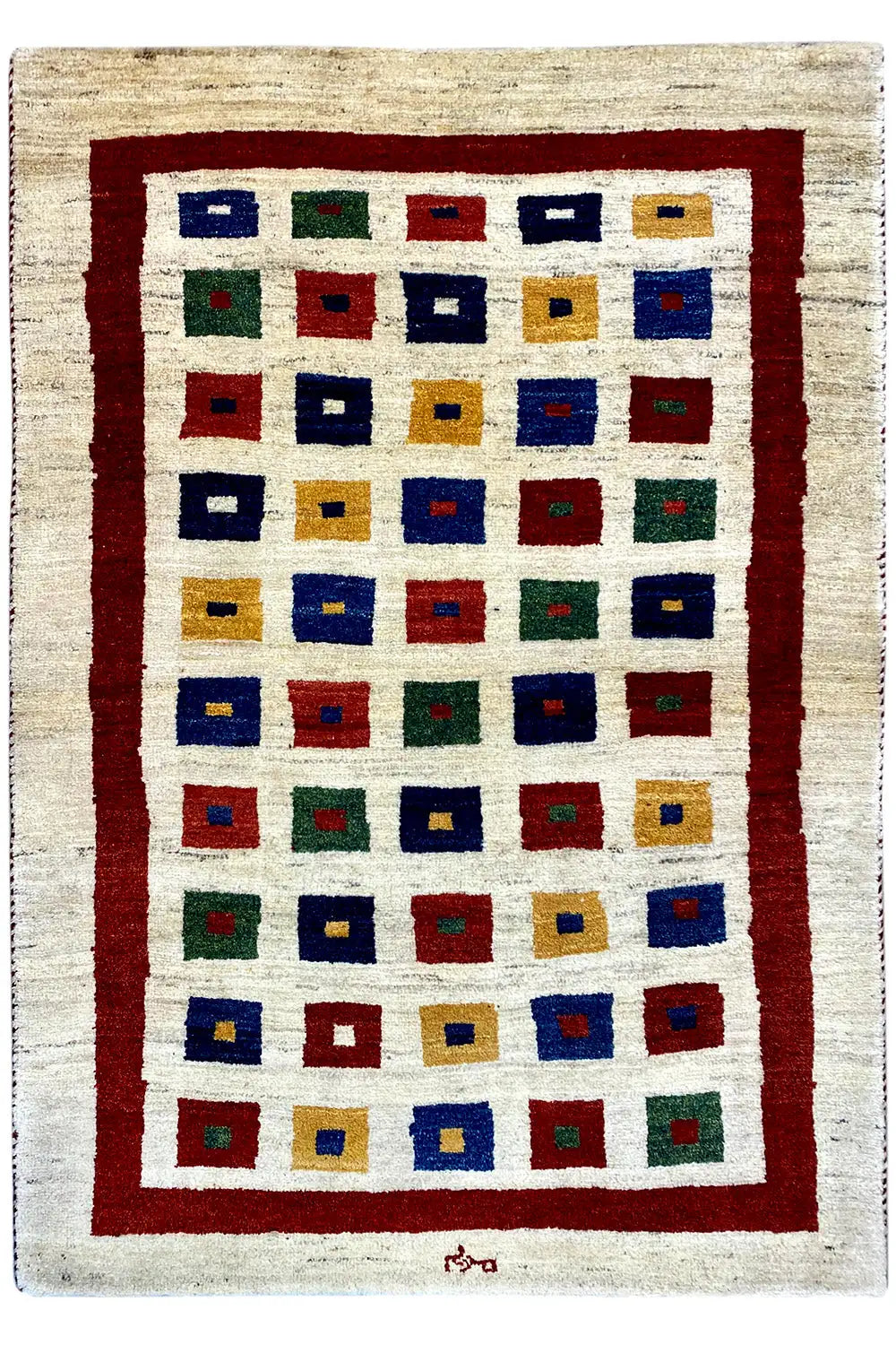 Gabbeh rug, appearing square: cream with a red border and colorful square panels