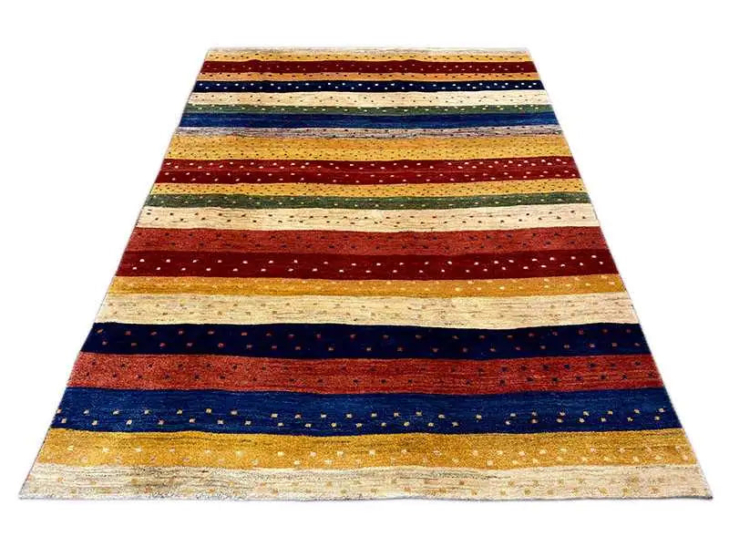 Gabbeh rug with a striped pattern in blue, red, and beige, rectangular