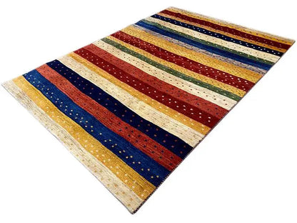Rectangular Gabbeh rug with contrasting stripes in blue, red, and cream