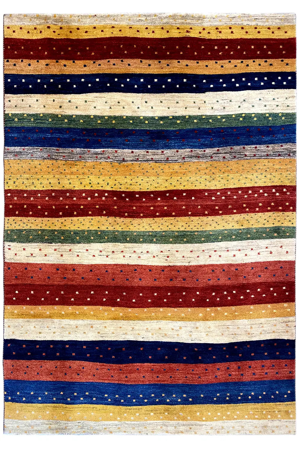 Rectangular Gabbeh rug with horizontal stripes in red, blue, beige, and green