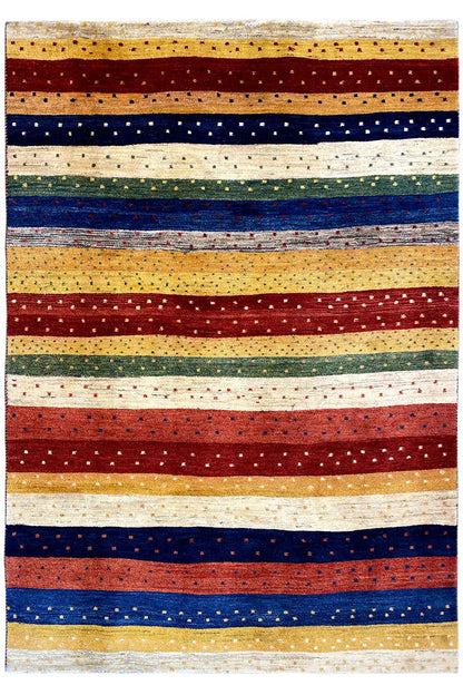Rectangular Gabbeh rug with horizontal stripes in red, blue, beige, and green