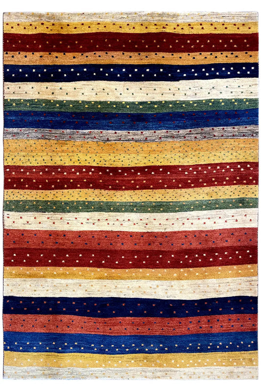 Rectangular Gabbeh rug with horizontal stripes in red, blue, beige, and green
