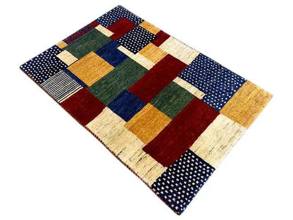 Gabbeh rug, square block pattern in blue, red, green, and beige