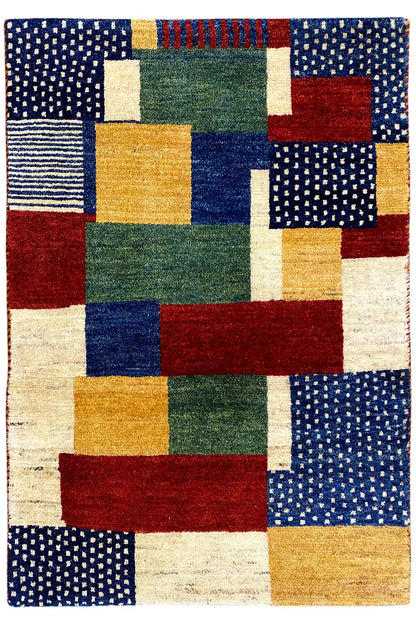 Rectangular Gabbeh rug with patchwork tiles in blue, red, green and beige