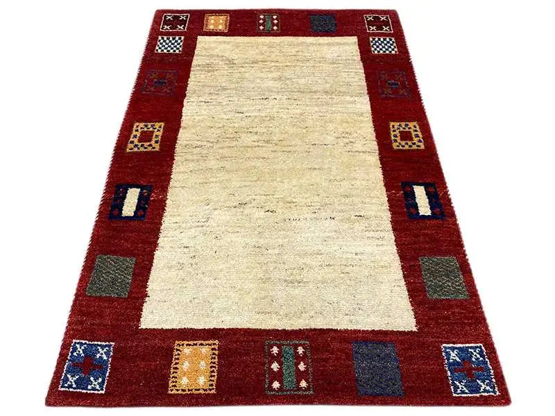 Gabbeh rug, red with a beige central section and border pattern, 163×104 cm