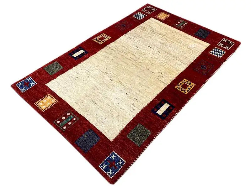 Gabbeh rug, red border with colorful squares, beige center, 163×104 cm