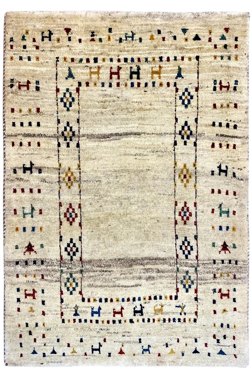 Gabbeh rug with a beige background, borders, and a central rectangular medallion