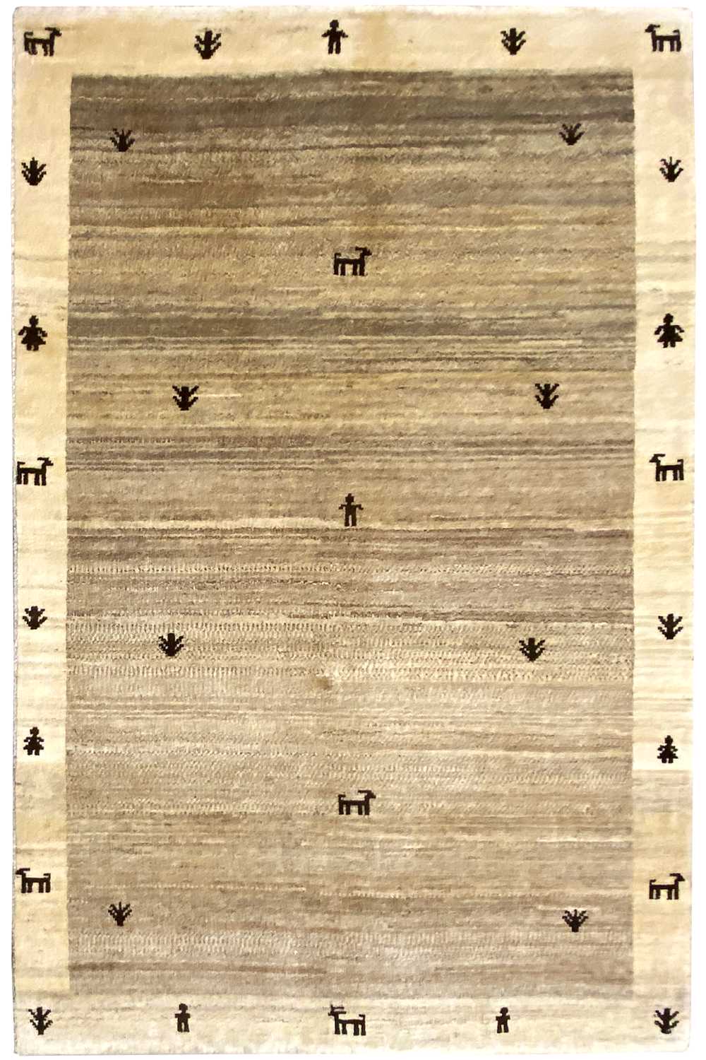 Gabbeh rug 181x116 cm, beige with a black symbolic border and a calm striped pattern.