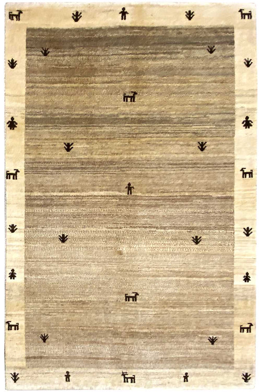 Gabbeh rug 181x116 cm, beige with a black symbolic border and a calm striped pattern.