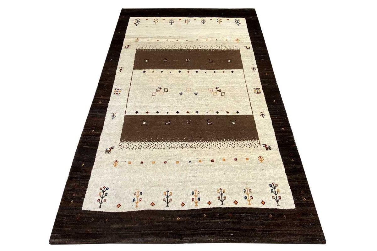 Gabbeh rug 175×117 cm: cream with brown bands, decorative small motifs, dark border