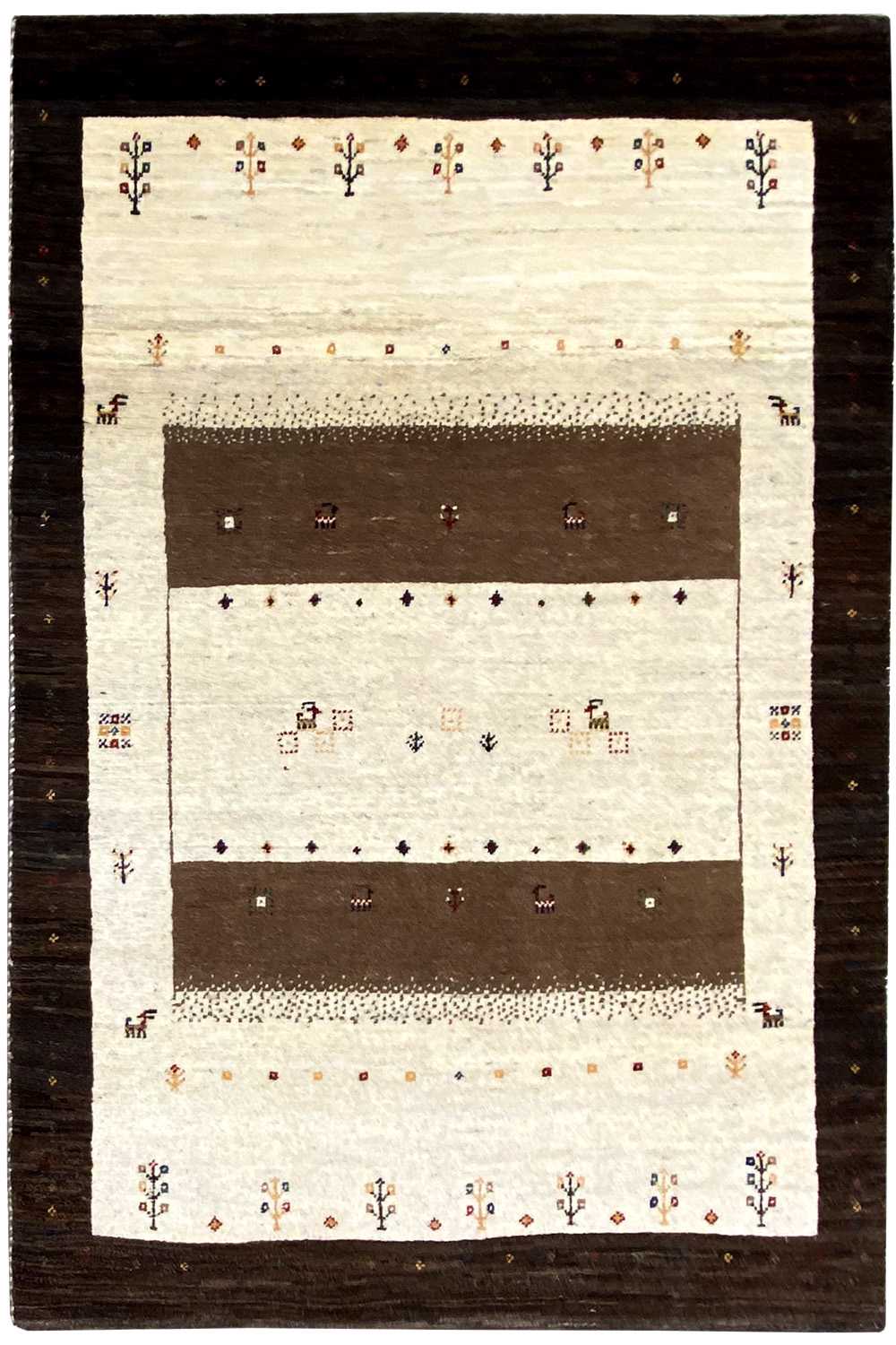 Gabbeh rug 175×117 cm: cream-colored field, brown central area, decorative small-scale patterns