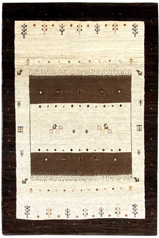 Gabbeh rug 175×117 cm: cream-colored field, brown central area, decorative small-scale patterns