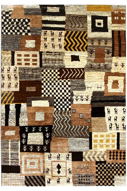 Rug with large-scale patchwork of squares, diamonds, and zigzags in brown, beige, and black