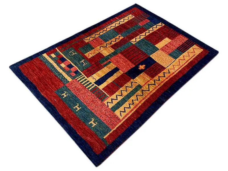 Gabbeh rug 140x100 cm with red, blue, and green patchwork and lines