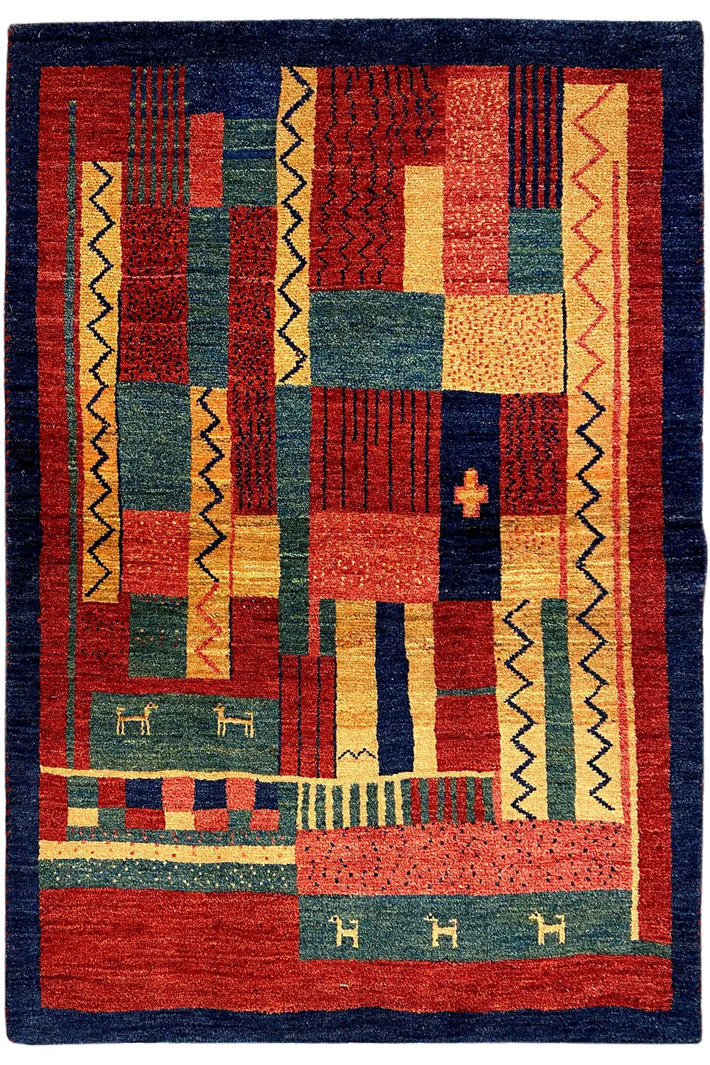 Gabbeh rug 140x100 cm rectangular, navy border and patchwork in red, green, beige