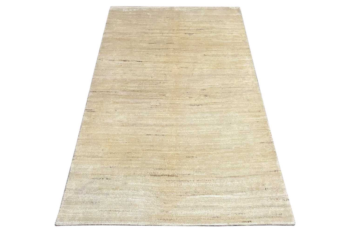 Gabbeh rug 174x110 cm, light beige, abstract linear design, photographed in trapezoidal perspective