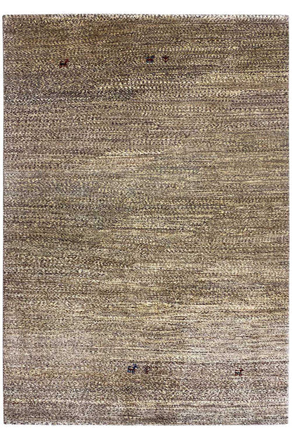 Square beige-gray Gabbeh rug with a fine woven pattern and small color accents