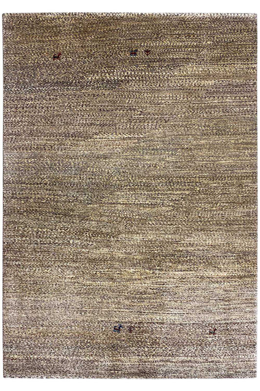 Square beige-gray Gabbeh rug with a fine woven pattern and small color accents