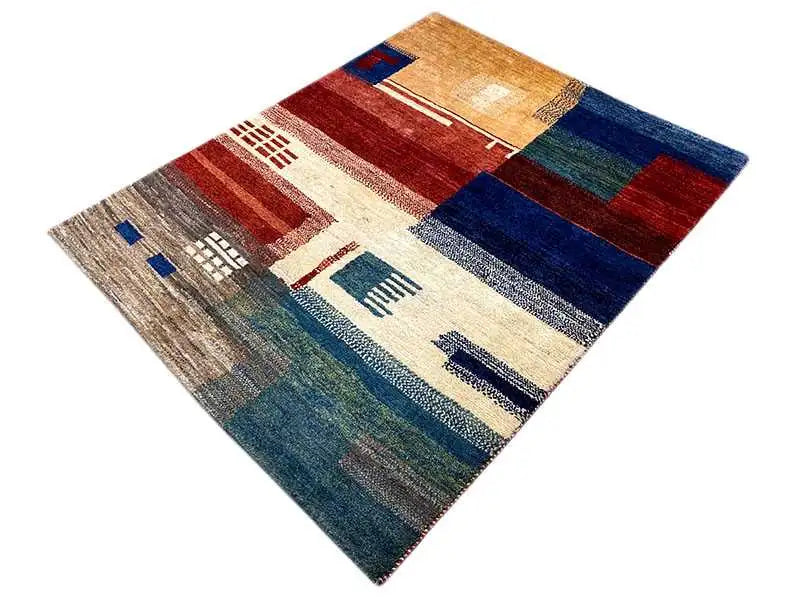 Gabbeh rug with geometric blocks and lines in red, blue, and beige