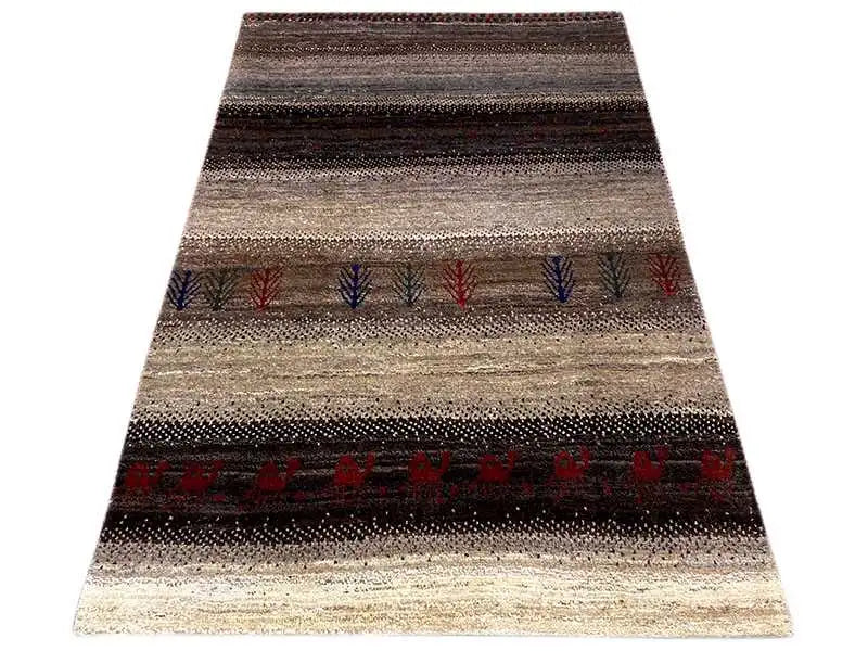 Gabbeh rug with a striped pattern, beige and brown colors, red and blue details
