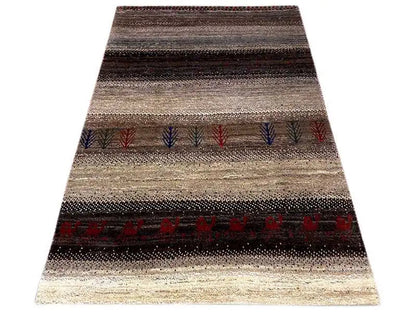 Gabbeh rug with a striped pattern, beige and brown colors, red and blue details