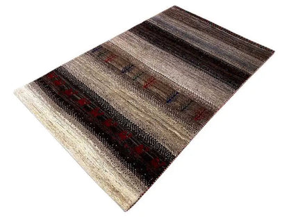 Gabbeh rug with wide stripes, beige background, dark brown and red borders