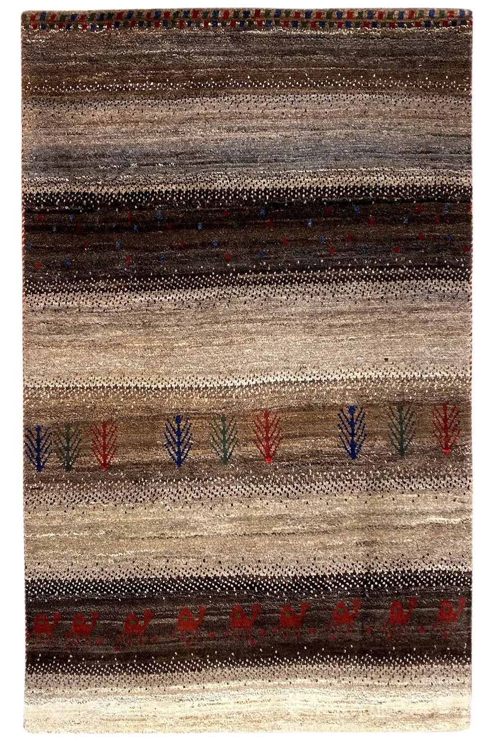 Gabbeh rug, rectangular: horizontal stripes in brown and beige, red and blue motifs