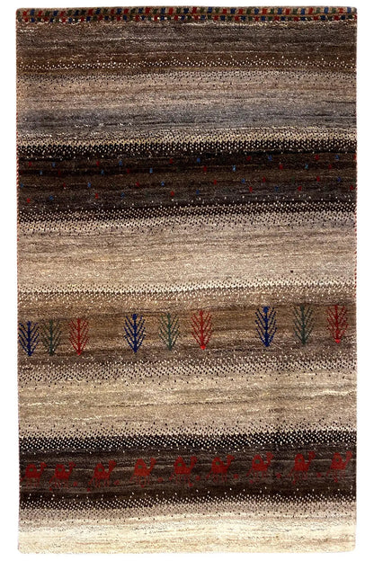 Gabbeh rug, rectangular: horizontal stripes in brown and beige, red and blue motifs