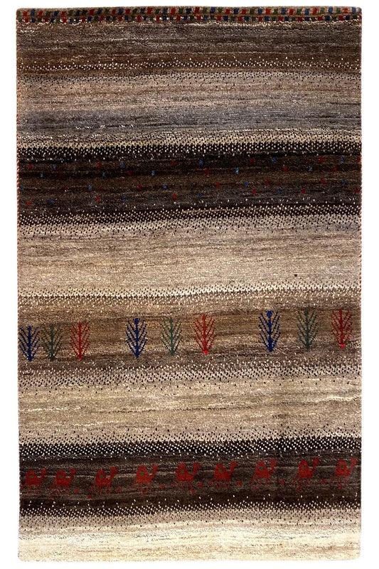 Gabbeh rug, rectangular: horizontal stripes in brown and beige, red and blue motifs