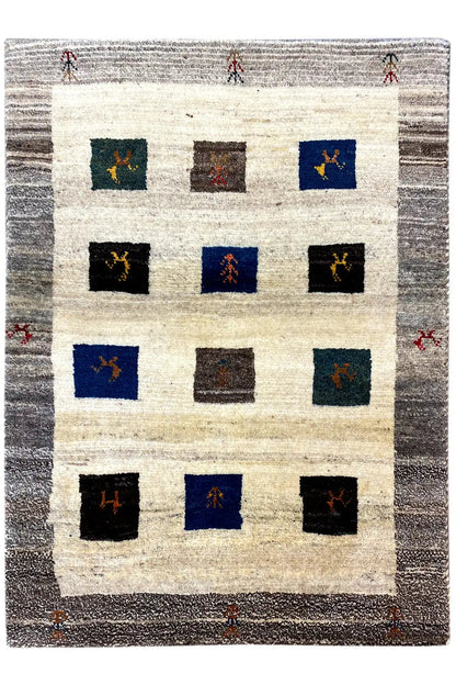 Gabbeh rug, front view: cream-colored background, gray border, square motif
