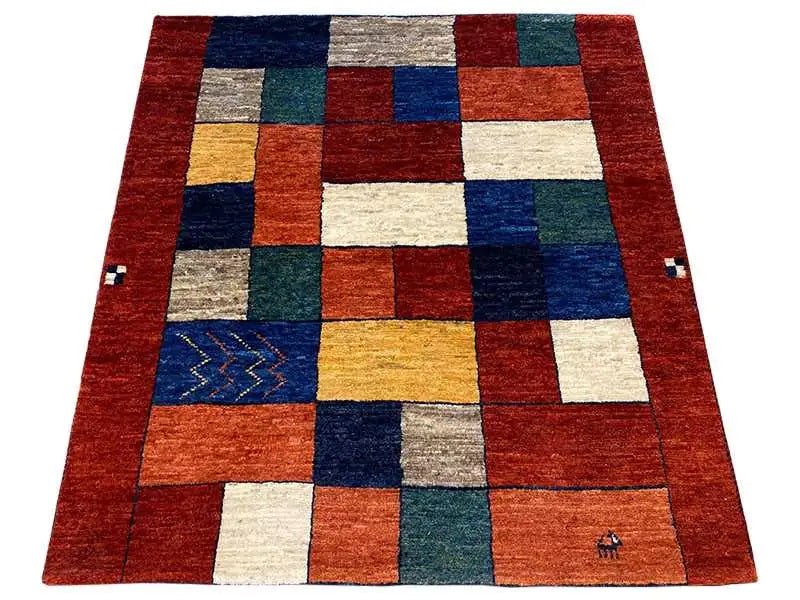 Gabbeh rug, 107x94 cm, patchwork check pattern in shades of red, blue, and white