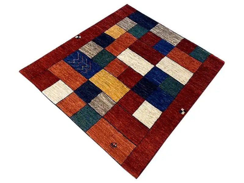 Gabbeh rug, 107x94 cm, checkered pattern in red, blue, green, and beige