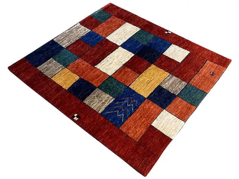 Gabbeh rug, 107x94 cm, patchwork check pattern with zigzag detail in blue