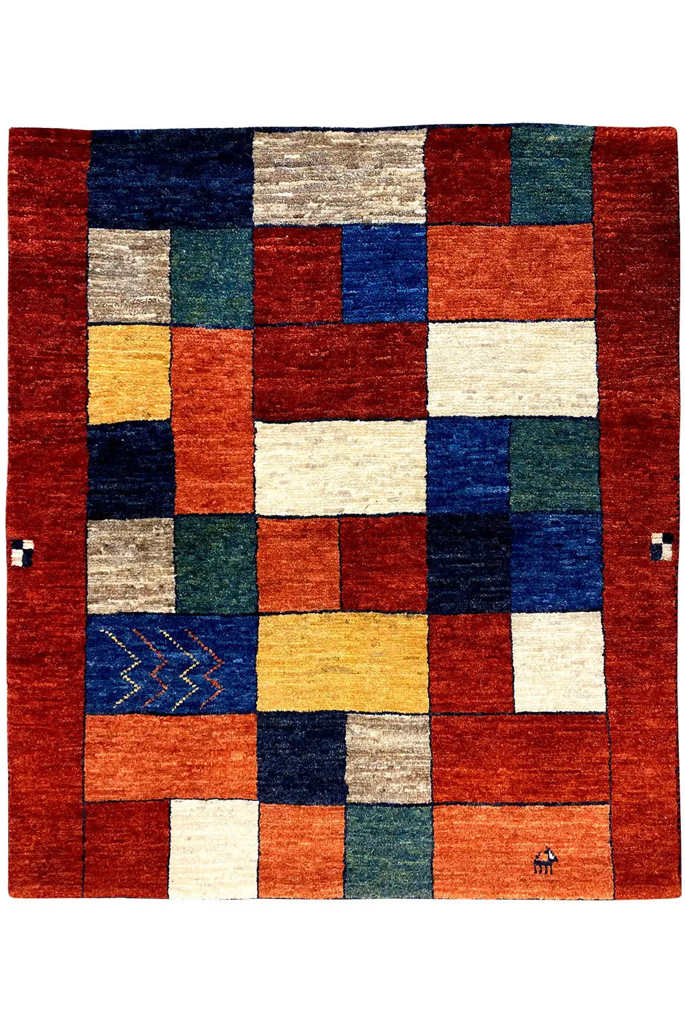 Gabbeh rug, 107x94 cm, rectangular patchwork check pattern with a red and blue border