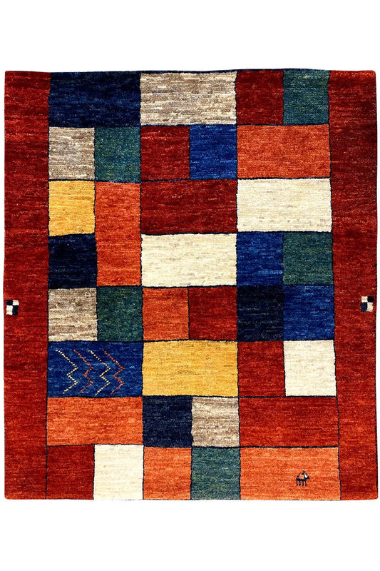 Gabbeh rug, 107x94 cm, rectangular patchwork check pattern with a red and blue border