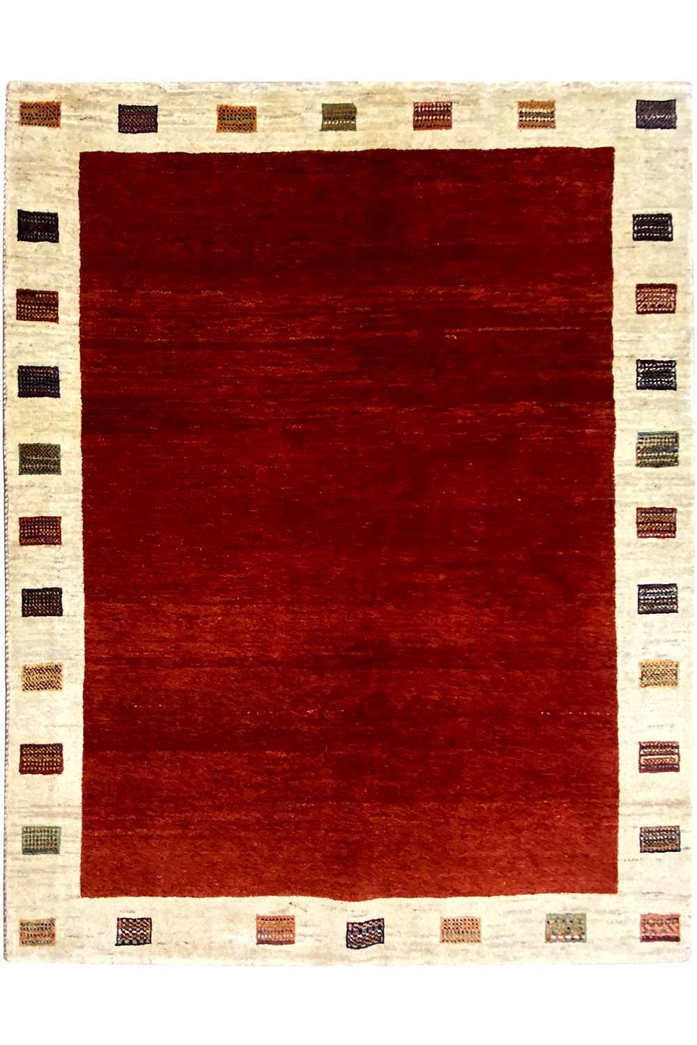 Gabbeh rug 194x155 cm, red square field with a border of quadrilaterals