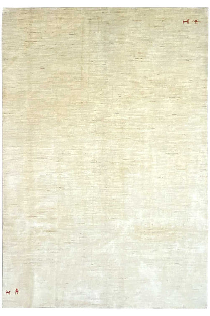 Beige Gabbeh rug with a subtle ornamental border at the corners, 282×194 cm