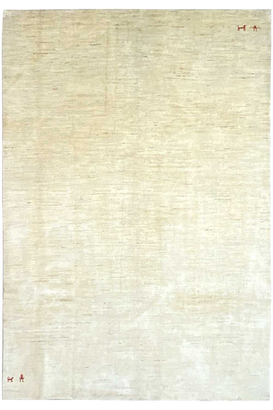 Beige Gabbeh rug with a subtle ornamental border at the corners, 282×194 cm
