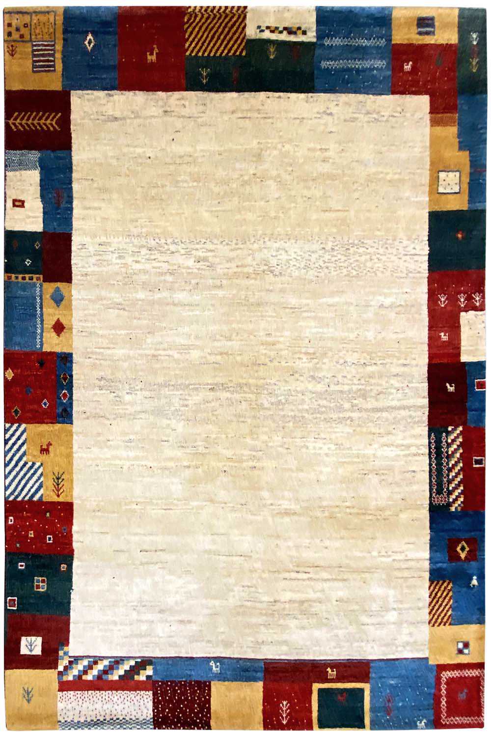 Rectangular Gabbeh rug: beige central area with a multicolored border made of individual pattern blocks