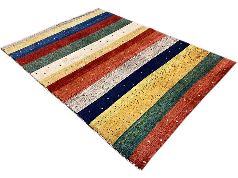 Gabbeh rug, flat-woven with wide stripes in blue, red, green, and yellow