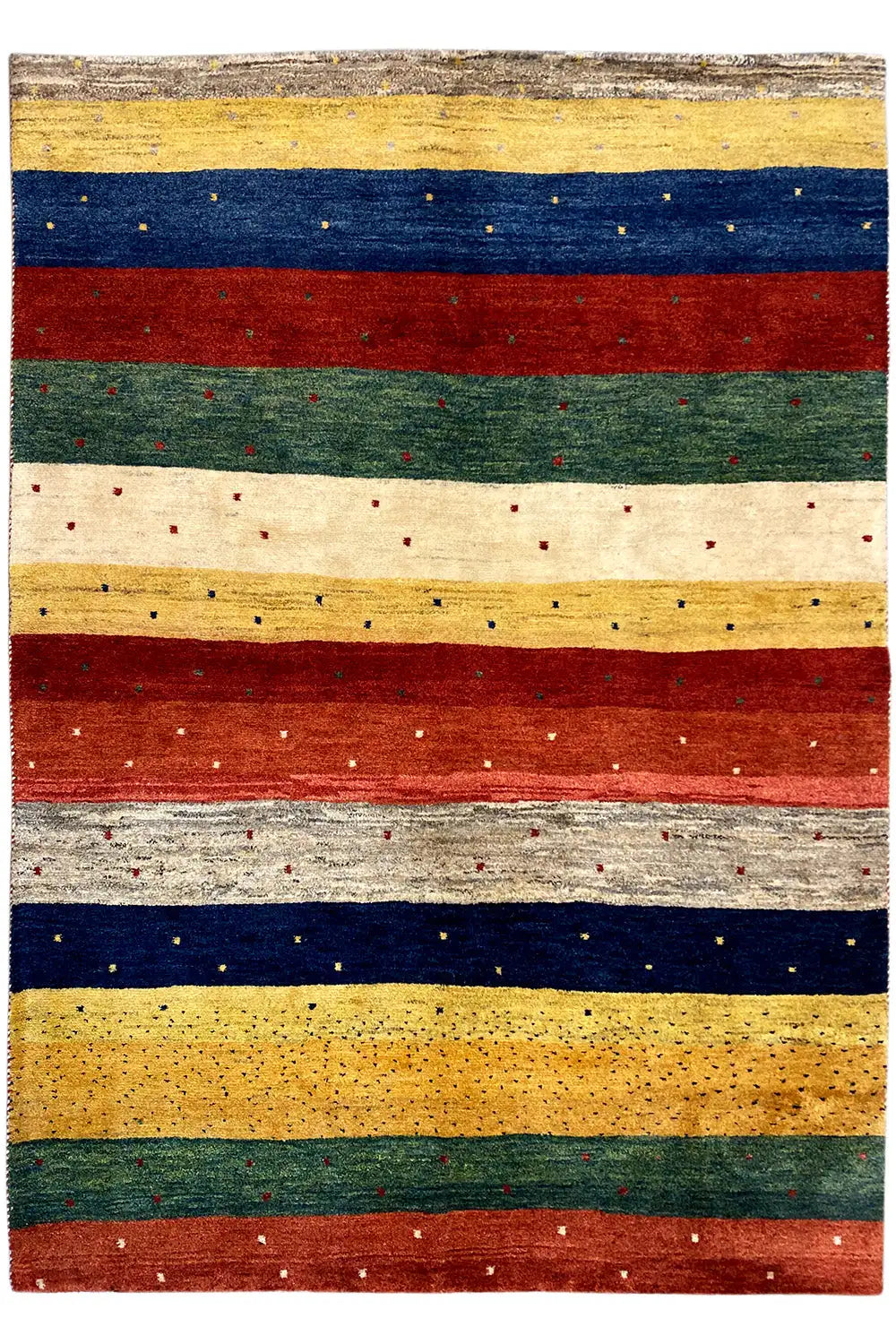 Rectangular Gabbeh rug with horizontal stripes in red, blue, green, yellow, and gray